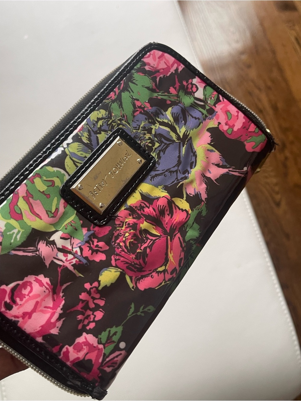 Betsey Johnson Black Floral Zip-Around Wallet with Pink & Green Blooms